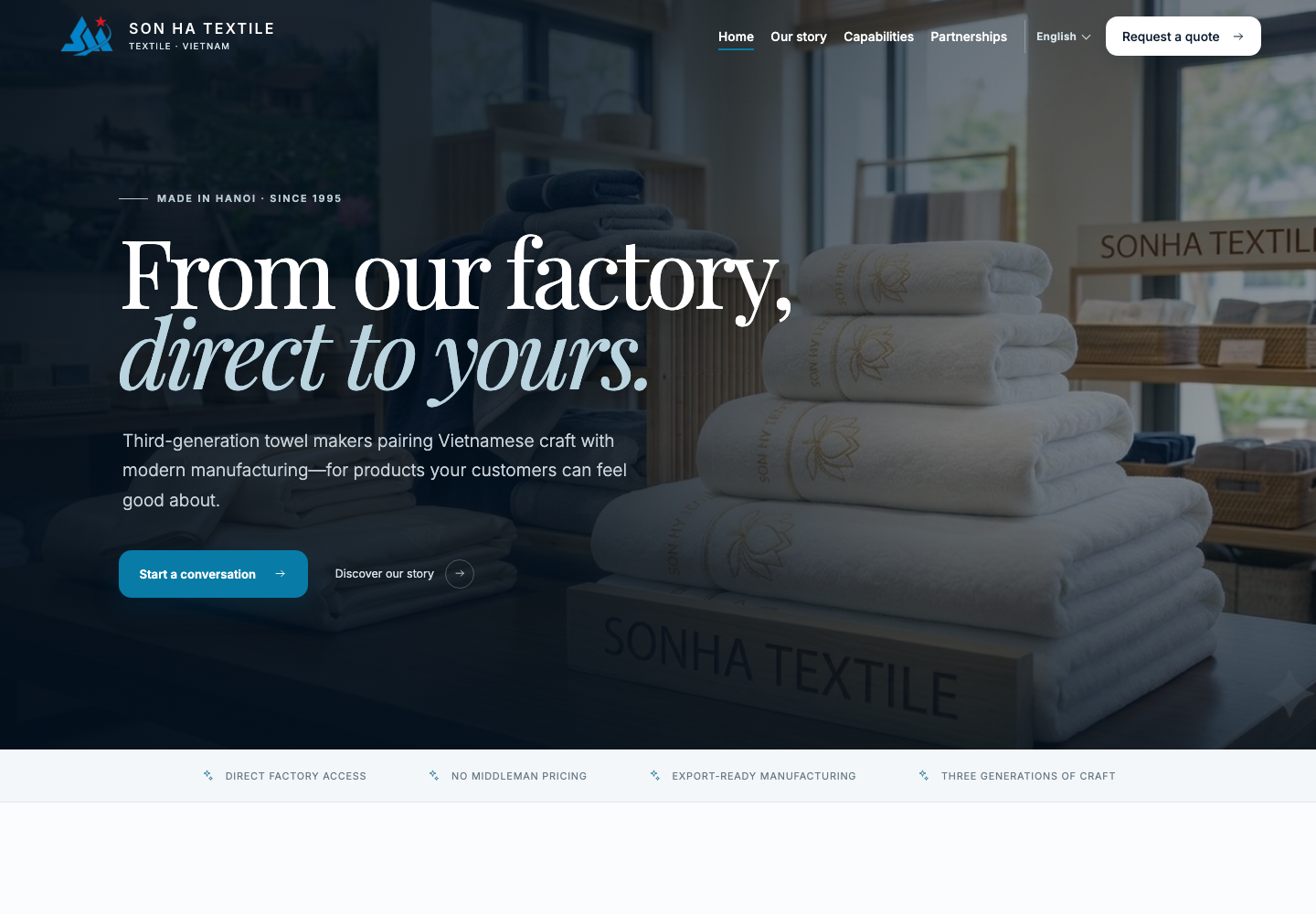 Son Ha Textile international website homepage displayed at desktop size