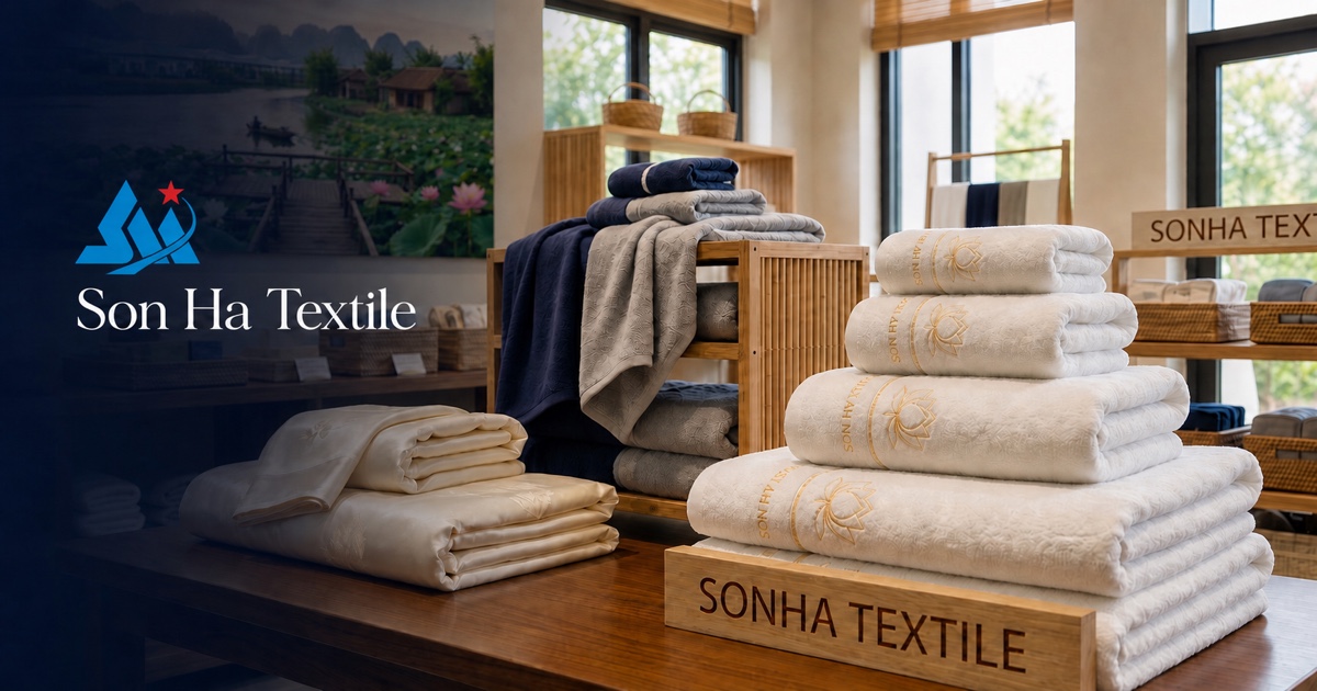 Son Ha Textile showroom with neatly stacked towels and company branding