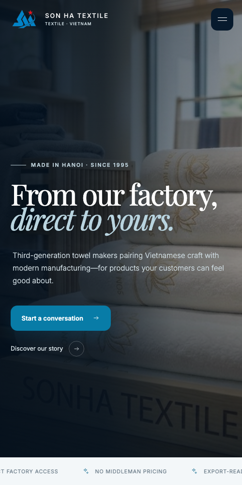 Son Ha Textile international website homepage displayed at mobile size